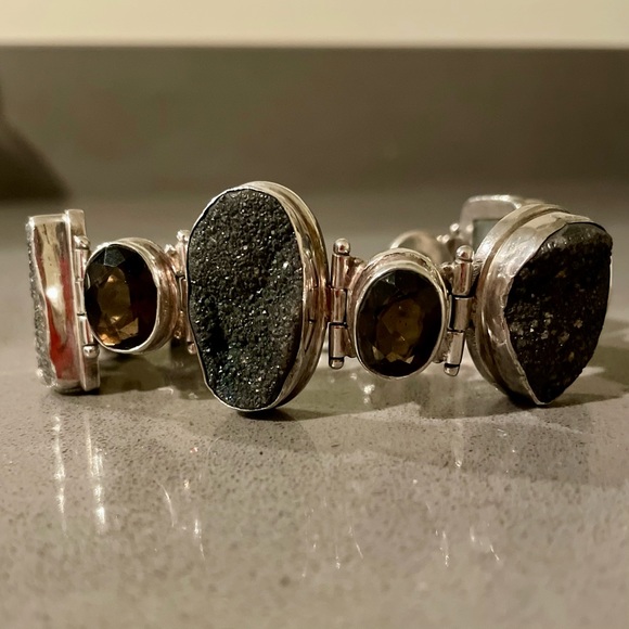 Vintage Estate Sterling Silver Druzy Smoky Quartz Toggle 925 Bracelet - Picture 5 of 8